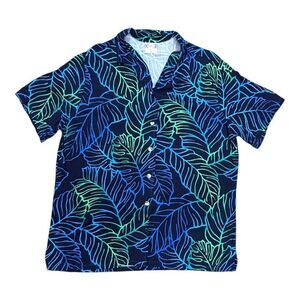 Vintage Go Barefoot Hawaiian Leaf Print Short Sleeve Button-Up Shirt XL Beach